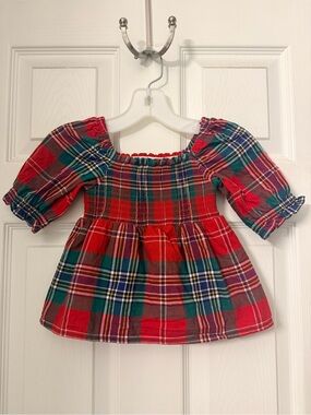 Janie and Jack Girls Red Plaid Smocked Puff Sleeve Top Sz 3 Years
